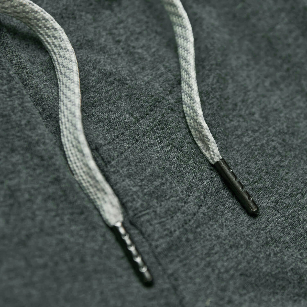 Charcoal Heather Gray Active Comfort Shorts' grey drawcords with black aglets.
