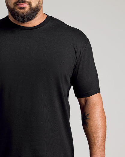 Black classic crew neck t-shirt with short sleeves, ribbed collar, and smooth fabric.