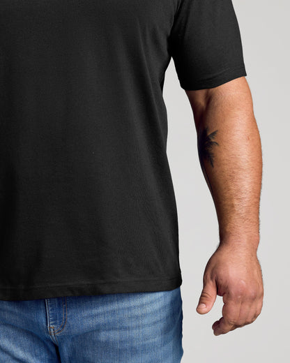 Black crew neck t-shirt with short sleeves and a relaxed fit.