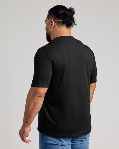 Black short-sleeve crew neck t-shirt, back view, soft fabric.