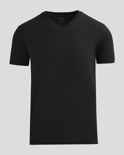 Black V Neck Tee laid flat against a gray background.