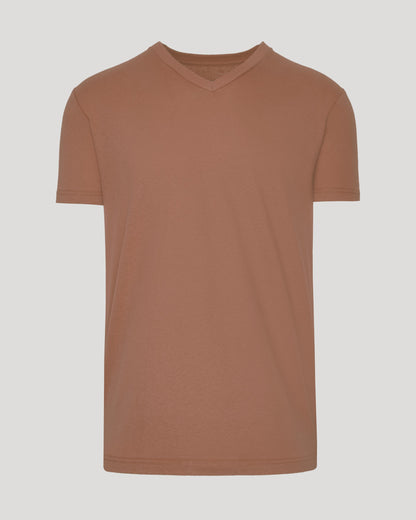 Dark Heather Sepia Classic V-Neck T-shirt, plain, short-sleeved, ultra-soft fabric.