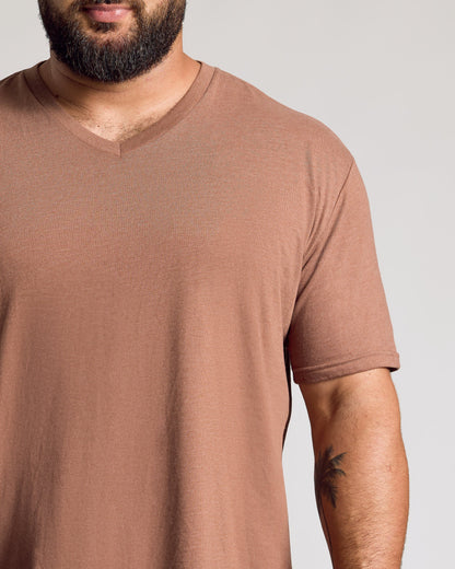 Bearded man in Dark Heather Sepia Classic V-Neck.