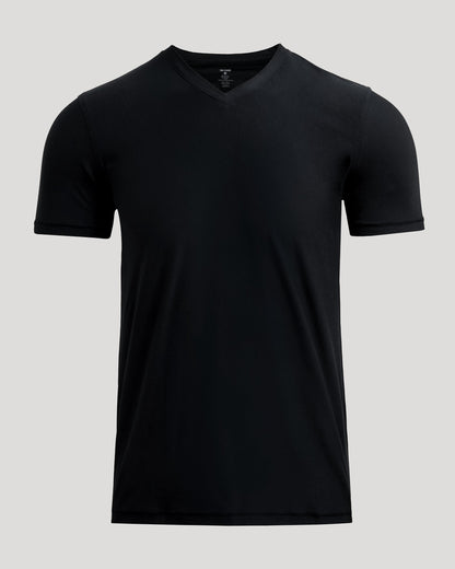 Black Active V-Neck T-shirt, short-sleeved, laid flat, no logos.