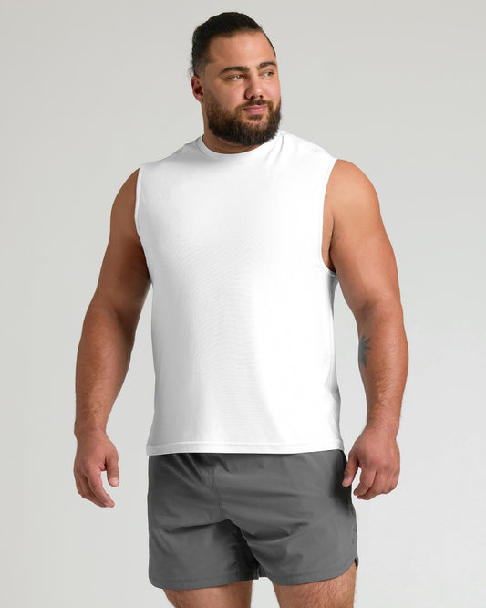White Sleeveless Active Muscle Tee on man with tattooed forearm.
