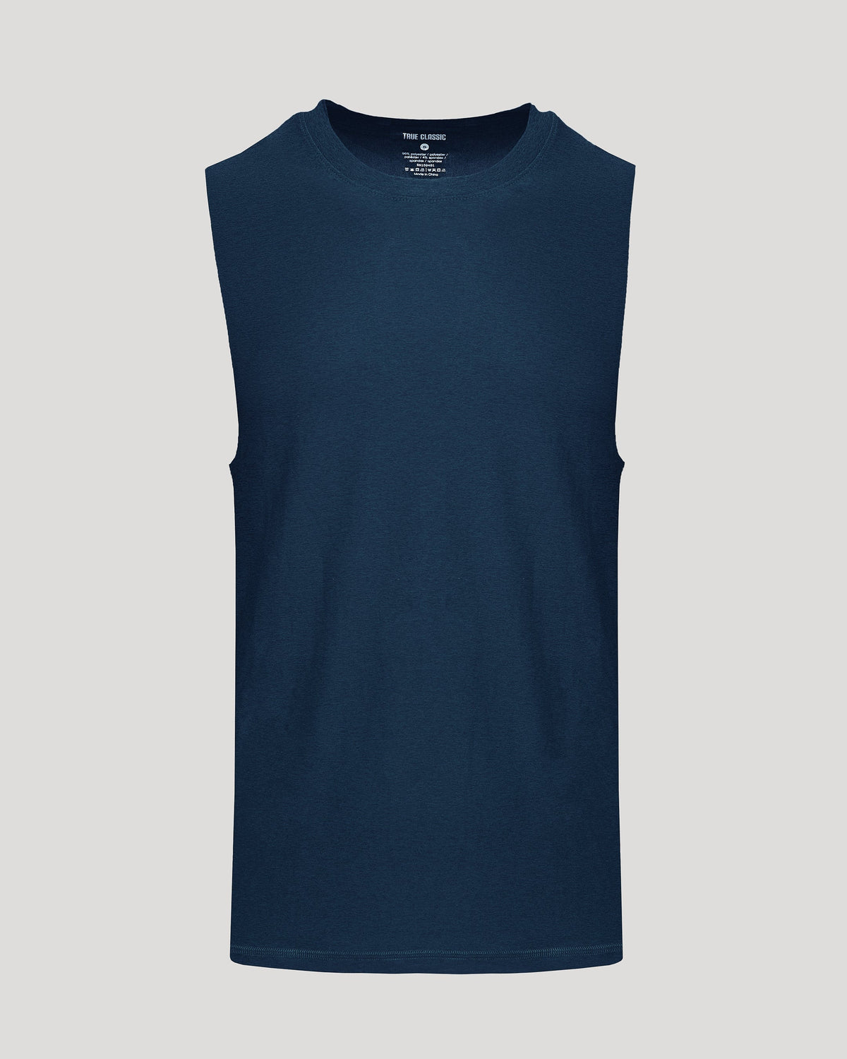 Dark Heather Navy Sleeveless Active Muscle Tee against gray background.