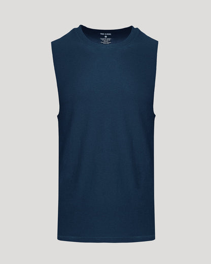Dark Heather Navy Sleeveless Active Muscle Tee against gray background.