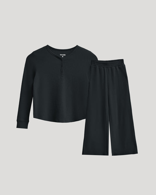 Girls Black Waffle Long Sleeve Henley & Waffle Leg Pants 2-Pack.