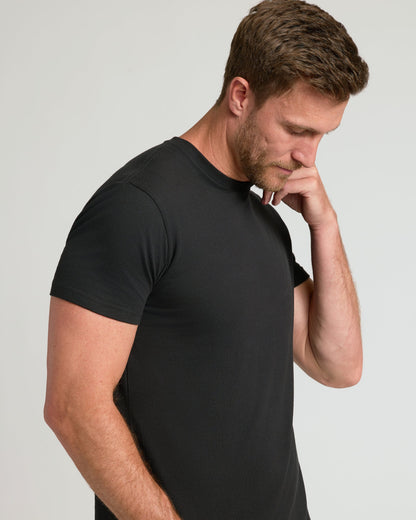 Black short-sleeve crew neck t-shirt on male model, fitted style.