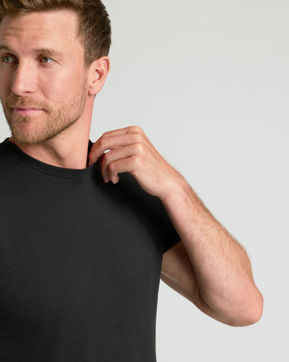 Black crew neck t-shirt with short sleeves in a smooth fabric.