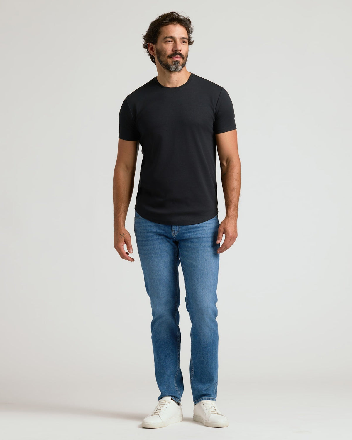 Black Pima Cotton Blend Curved Hem Crew