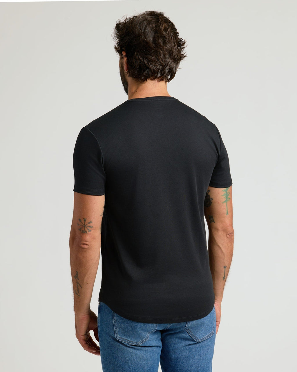 Black Pima Cotton Blend Curved Hem Crew