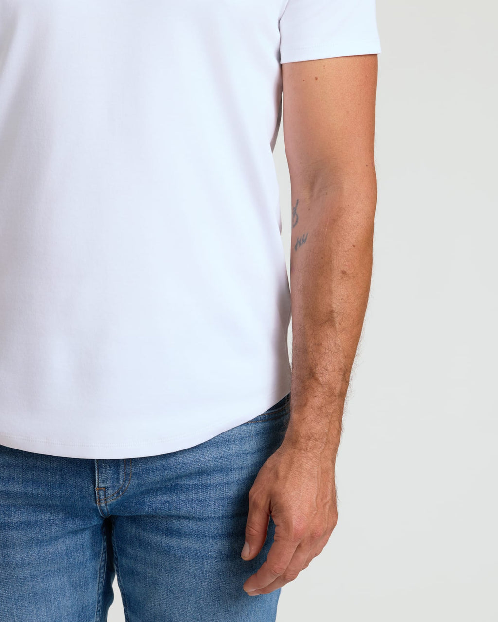 White Pima Cotton Blend Curved Hem Crew
