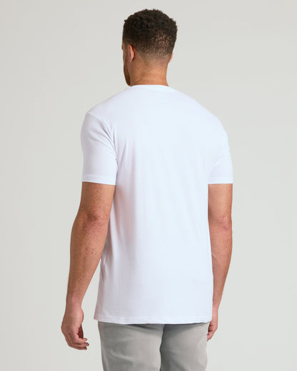Back view of man in White Short Sleeve Tall Classic V-Neck T-shirt.